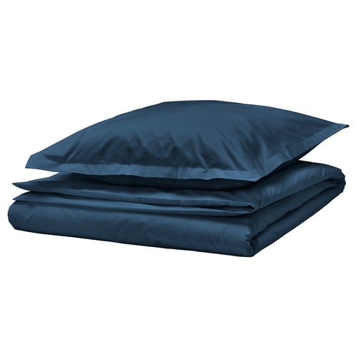Dark blue HAMPFLOCKEL bedding set, neatly folded, 100% cotton, zip closure, crisp, clean design.