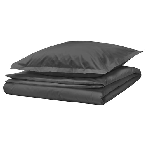 Grey HAMPFLOCKEL duvet set, folded, crisp cotton percale.