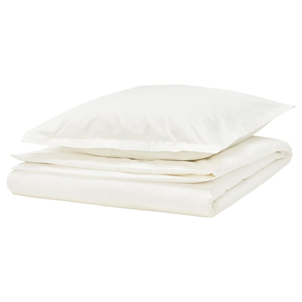White HAMPFLOCKEL duvet set, classic cotton, smooth, rectangular with zipper detail.