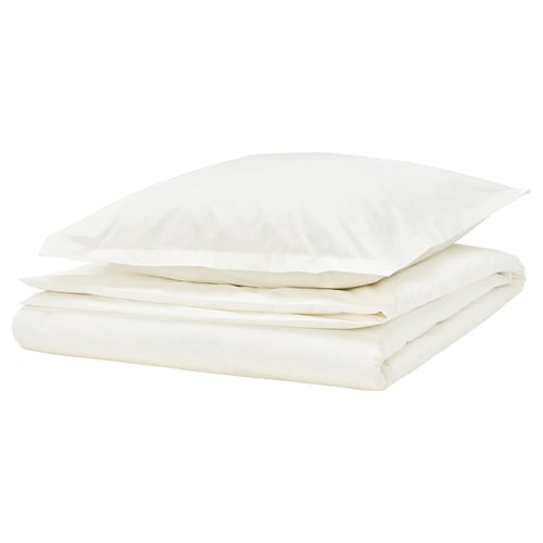 White HAMPFLOCKEL duvet set, classic cotton, smooth, rectangular with zip detail.