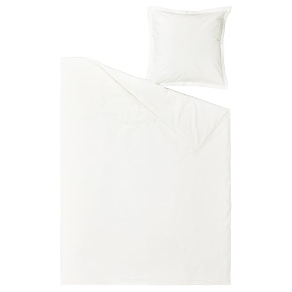 Classic white HAMPFLOCKEL duvet set featuring zippered duvet and pillowcases with decorative edge, crisp percale cotton.