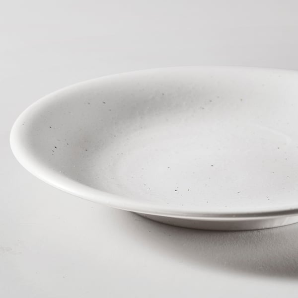 Shallow, white speckled bowl with metallic rim; smooth, durable finish.