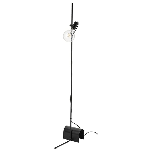 HÅRSLINGA black floor lamp with adjustable led bulb on white background.