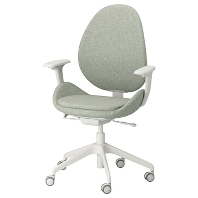 White ergonomic office chair with green fabric, adjustable armrests, back, and lumbar support.