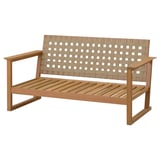 Beige outdoor bench with wooden frame & woven seat