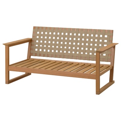 Beige outdoor bench with wooden frame & woven seat