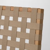 Interwoven beige outdoor chair with wooden frame, made of eucalyptus.