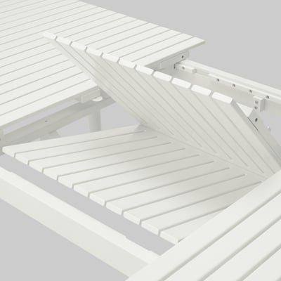 White extendable dining table with wooden slats. Modern and durable design, ideal for space-saving.