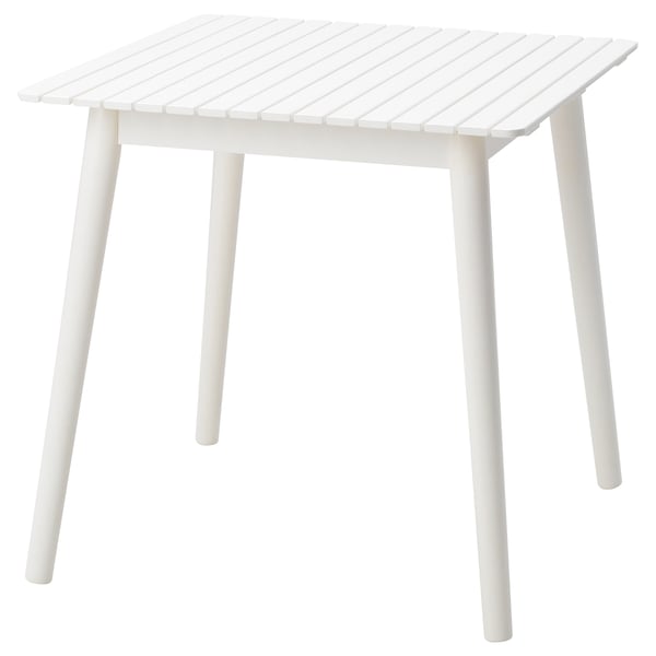 HATTHOLMEN white square side table with slatted top and four tapering legs.