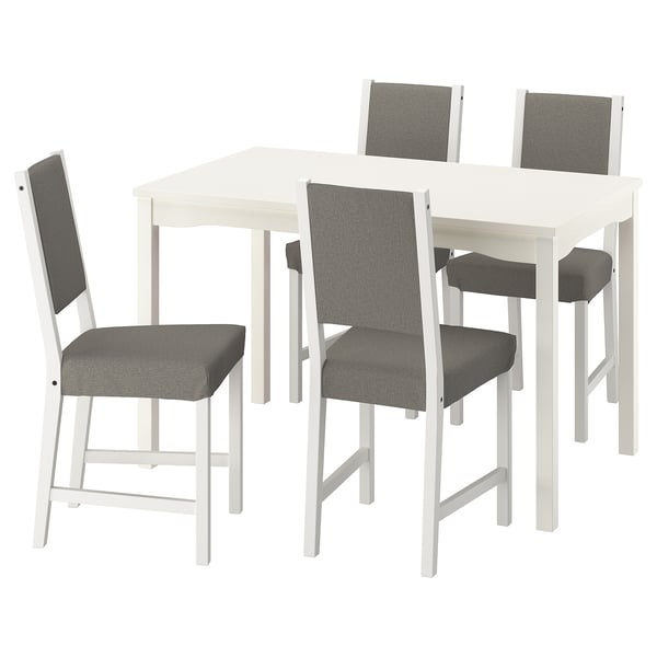 A white HAUGA dining set with four padded grey chairs. Perfect for kitchens or living rooms.