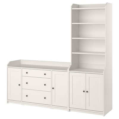 White HAUGA storage set with drawers, cabinets, and adjustable shelves for varied storage options.
