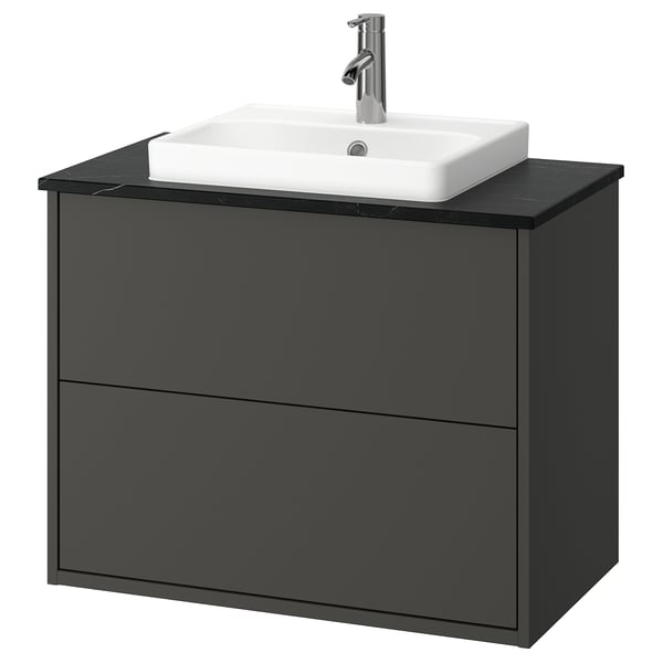 HAVBÄCK dark grey bathroom vanity, rectangular sink, sleek modern design.