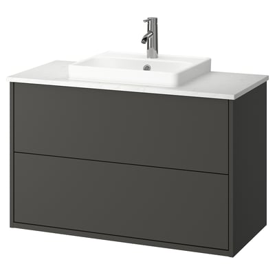 HAVBÄCK grey bathroom vanity, rectangular, dark grey, white countertop, wall-mounted, with drawers.
