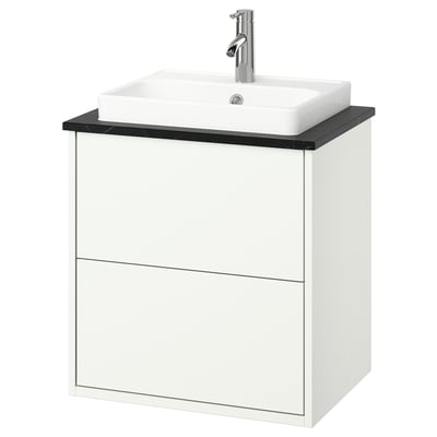 White wall-mounted bathroom cabinet with a black countertop and sink.