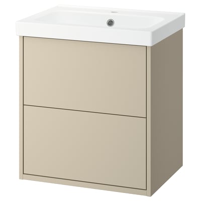 A beige bathroom cabinet with a built-in white sink. It a modern, minimalist design with two drawers.