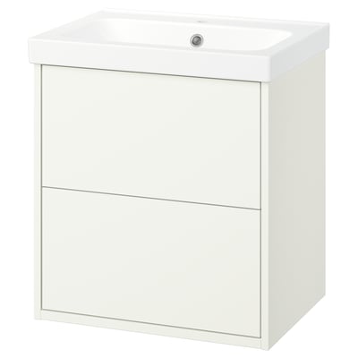 A white HAVBÄCK bathroom vanity with 2 drawers and a ceramic sink, designed with clean, straight lines.