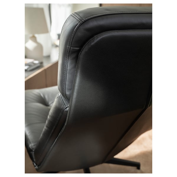 Black leather HAVBERG swivel chair with ergonomic backrest and armrests, smooth leather finish, sleek design.
