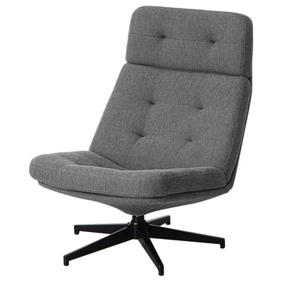 HAVBERG grey swivel armchair, modern design with tufted back & seat, black star base.