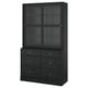 Black wooden cabinet with glass doors and 6 drawers.