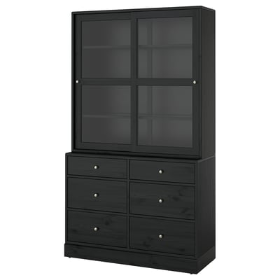 Black wooden cabinet with glass doors and 6 drawers.