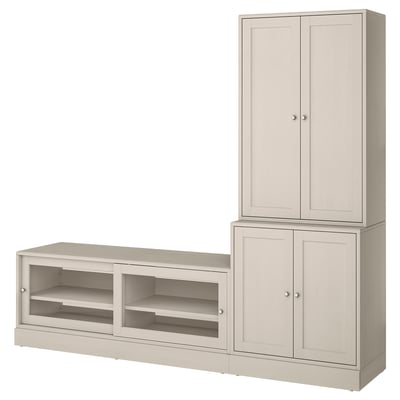 HAVSTA light wood tv setup: tall cabinet, wide tv bench with open shelves, modern rustic design.