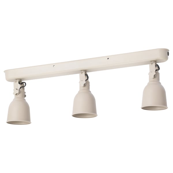 Displays a white HEKTAR ceiling lamp with three adjustable spotlights.