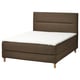 Brown fabric bed set with white mattress, wooden legs, padded headboard.