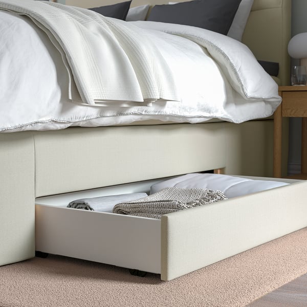 HEMFJÄLLET Divan bed with storage, Valevåg firm/medium firm/Nisseholm Odensvi light beige, 160x200 cm