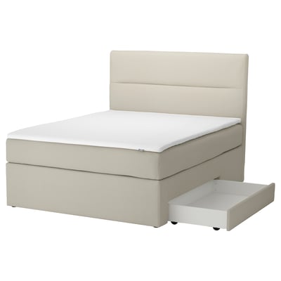 Modern beige upholstered divan bed with storage. High headboard, two drawers, clean lines.