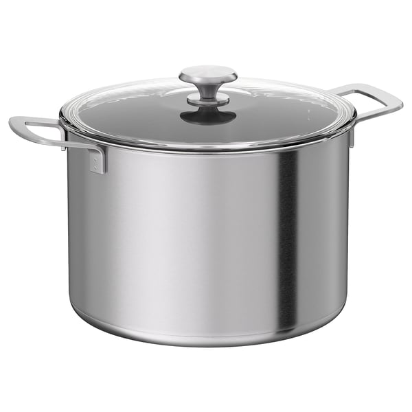 HEMKOMST 10l silver saucepan, stainless steel, round body, glass lid, sturdy handles.