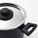 Black saucepan, stainless lid, non-stick.