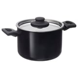 Black saucepan with glass lid and handles. Non-stick, even heat.