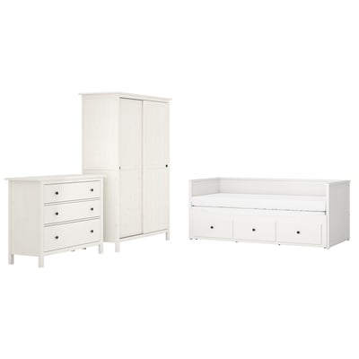 White HEMNES bedroom set: wardrobe, day-bed, drawers. Solid pine, minimalist design.