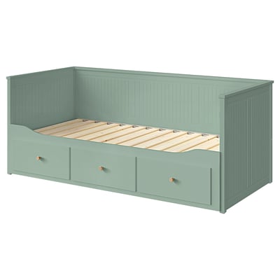 HEMNES day-bed, grey-green, wooden frame, storage drawers, lacquered surface.