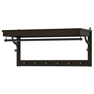HEMNES coat rack with shelf, dark brown, wood & metal, hooks for storage.