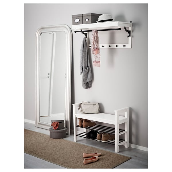 Entryway organizer: coat rack with 6 hooks, shelf for hats, gloves, and bags. Beneath, shoe storage and bench for seating. Mirror alongside.
