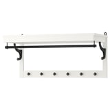 White HEMNES coat rack, wood & steel, hooks & shelf, classical design.