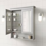 Wall-mounted HEMNES mirror cabinet with adjustable shelves storing toiletries.