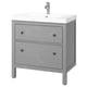 Option: Modern grey wooden bathroom vanity with two drawers, white sink, chrome faucet, and clean lines.