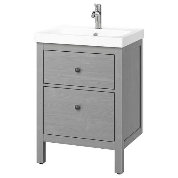 A HEMNES modern grey bathroom vanity with two drawers and a white ceramic basin. It has a sleek, scandinavian design and a smooth, shiny finish.