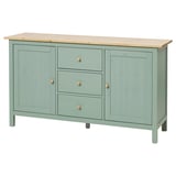 A HEMNES light green sideboard with wooden top, featuring three drawers and two cabinet doors with wooden knobs.