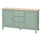 A HEMNES light green sideboard with wooden top, featuring three drawers and two cabinet doors with wooden knobs.
