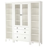 White HEMNES bookcase combo; solid pine, glass doors, adjustable shelves.
