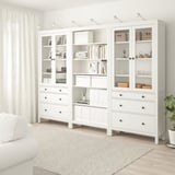 HEMNES combo: glass doors, drawers, books, plant, rug, sofa.