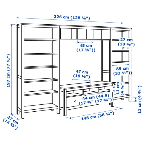 Illustration with measurements for the product: HEMNES.