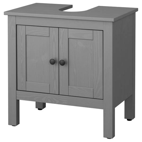 Gray HEMNES cabinet, wood, rectangular shape, two doors, raised sink area.