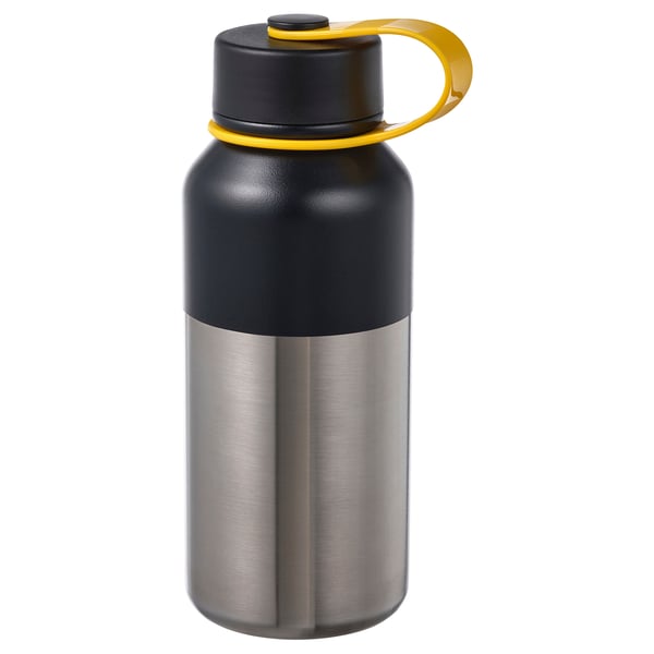 Black and stainless steel insulated flask with yellow highlights, featuring a loop handle and leak-proof lid.