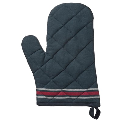 Dark blue oven mitt, quilted design, red and white stripe detail, rectangular shape.