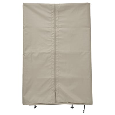 HIMMELSÖ - beige, rectangular privacy curtain with sewn-in zipper, two ties, and plastic clip at the bottom.