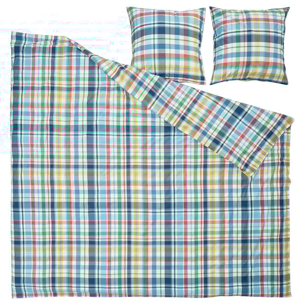 Blue, green, red & yellow plaid bedding set. Recycled cotton & viscose, includes duvet & pillowcases.